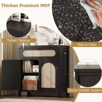 Madia in Legno Naturale con Ante in Rattan, Cassetto e Ripiani Regolabili