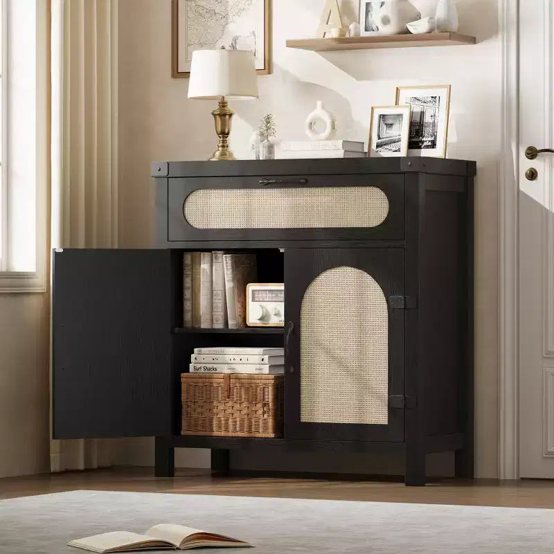 Madia in Legno Naturale con Ante in Rattan, Cassetto e Ripiani Regolabili