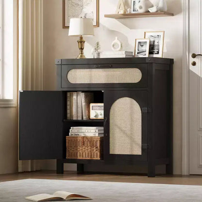 Madia in Legno Naturale con Ante in Rattan, Cassetto e Ripiani Regolabili