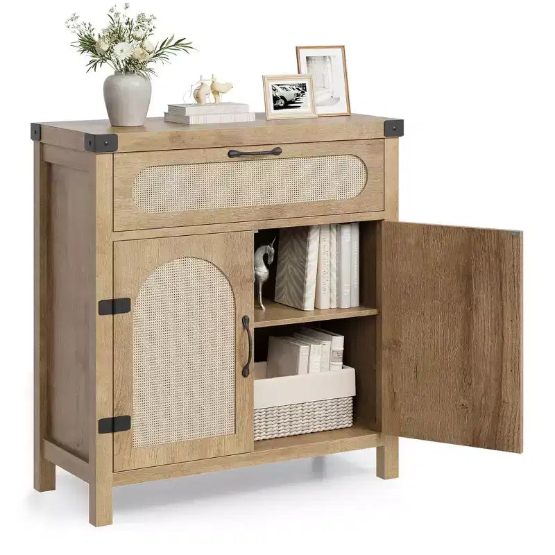 Madia in Legno Naturale con Ante in Rattan, Cassetto e Ripiani Regolabili