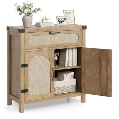 Madia in Legno Naturale con Ante in Rattan, Cassetto e Ripiani Regolabili