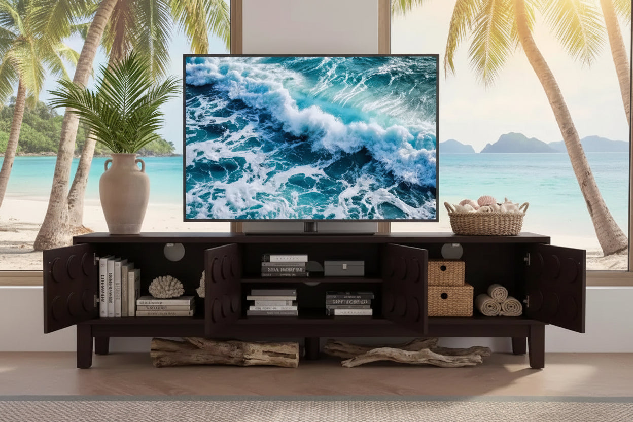 JVNOXK Modern Mid-Century Media Console with 4 Drawers,Cable Management, TV Console Table for TVs up to 75,for Living Room,Office(Dark Brown)