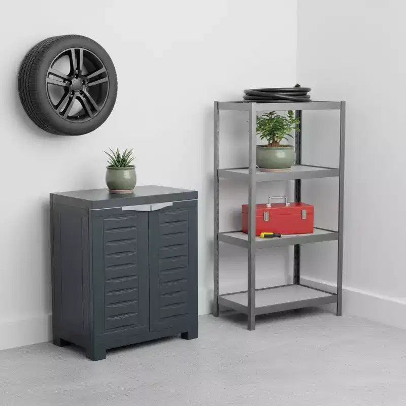 Mobile di servizio a due ante in plastica grigio scuro resistente da 66 cm con ripiano regolabile