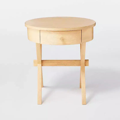 Tavolino rotondo con cassetto, base a X in legno – Naturale chiaro