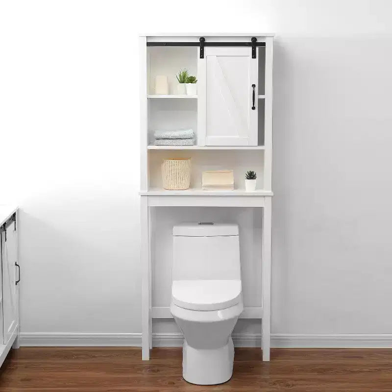 Mobiletto salvaspazio da bagno sopra il WC in stile rustico con 5 ripiani e anta scorrevole