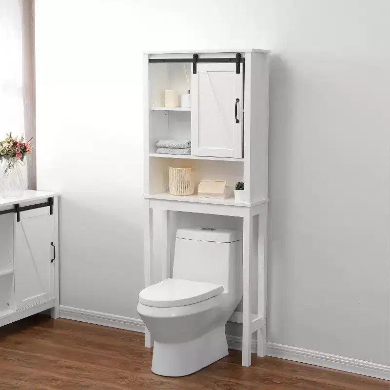 Mobiletto salvaspazio da bagno sopra il WC in stile rustico con 5 ripiani e anta scorrevole
