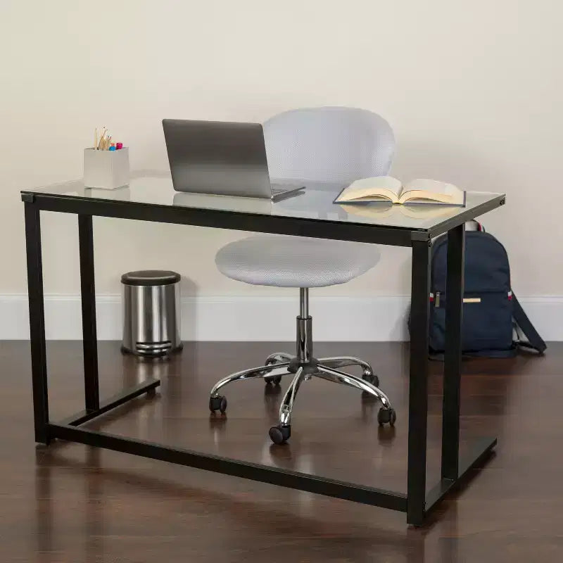 Scrivania per computer con piano in vetro e base in metallo nero – 120 cm L