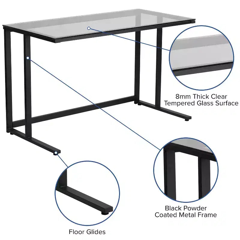 Scrivania per computer con piano in vetro e base in metallo nero – 120 cm L