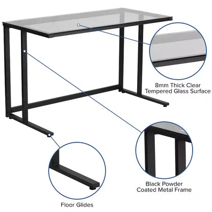 Scrivania per computer con piano in vetro e base in metallo nero – 120 cm L